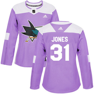 Personalized Women’s San Jose Sharks #31 Martin Jones Purple Authentic Fights Cancer Stitched NHL Jersey