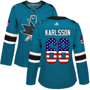Personalized Women’s San Jose Sharks #68 Melker Karlsson Teal Home Authentic USA Flag Stitched NHL Jersey