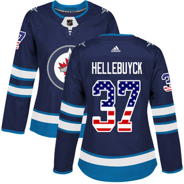 Personalized Women’s Winnipeg Jets #37 Connor Hellebuyck Navy Blue Home Authentic USA Flag Stitched NHL Jersey