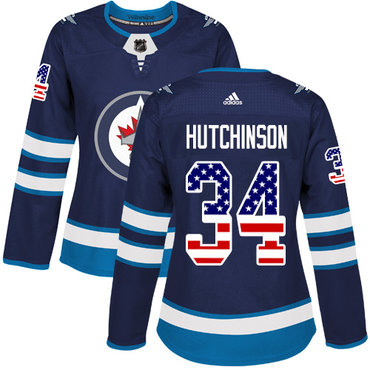 Personalized Women’s Winnipeg Jets #34 Michael Hutchinson Navy Blue Home Authentic USA Flag Stitched NHL Jersey