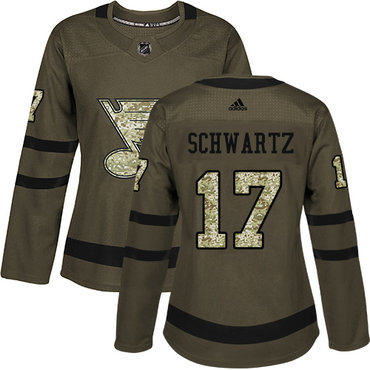 Personalized Women’s St. Louis Blues #17 Jaden Schwartz Green Salute to Service Stitched NHL Jersey