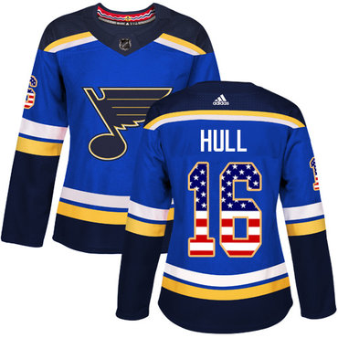 Personalized Women’s St. Louis Blues #16 Brett Hull Blue Home Authentic USA Flag Stitched NHL Jersey