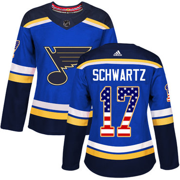 Personalized Women’s St. Louis Blues #17 Jaden Schwartz Blue Home Authentic USA Flag Stitched NHL Jersey