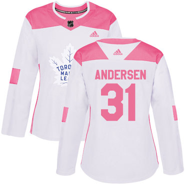 Personalized Women’s Toronto Maple Leafs #31 Frederik Andersen White Pink Authentic Fashion Stitched NHL Jersey