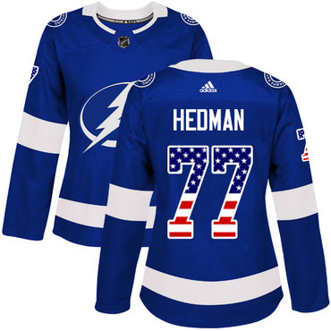Personalized Women’s Tampa Bay Lightning #77 Victor Hedman Blue Home Authentic USA Flag Stitched NHL Jersey