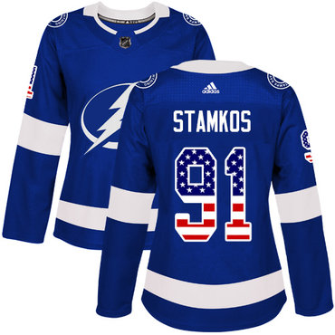 Personalized Women’s Tampa Bay Lightning #91 Steven Stamkos Blue Home Authentic USA Flag Stitched NHL Jersey