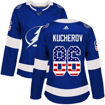 Personalized Women’s Tampa Bay Lightning #86 Nikita Kucherov Blue Home Authentic USA Flag Stitched NHL Jersey