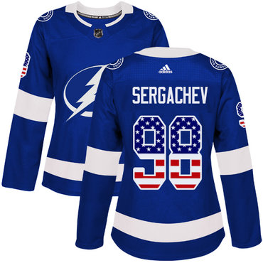 Personalized Women’s Tampa Bay Lightning #98 Mikhail Sergachev Blue Home Authentic USA Flag Stitched NHL Jersey