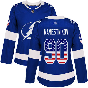 Personalized Women’s Tampa Bay Lightning #90 Vladislav Namestnikov Blue Home Authentic USA Flag Stitched NHL Jersey