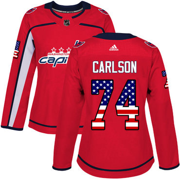Personalized Women’s Washington Capitals #74 John Carlson Red Home Authentic USA Flag Stitched NHL Jersey