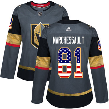 Personalized Women’s Vegas Golden Knights #81 Jonathan Marchessault Grey Home Authentic USA Flag Stitched NHL Jersey