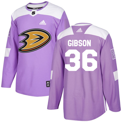 Personalized Youth Anaheim Ducks #36 John Gibson Purple Authentic Fights Cancer Stitched NHL Jersey