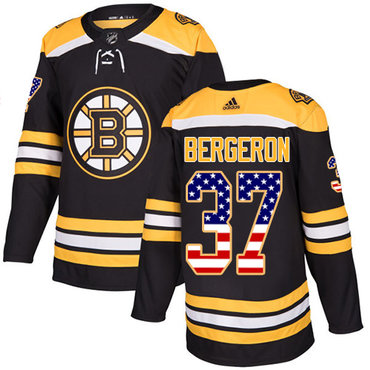 Personalized Youth Boston Bruins #37 Patrice Bergeron Black Home Authentic USA Flag Youth Stitched NHL Jersey