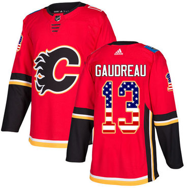 Personalized Youth Calgary Flames #13 Johnny Gaudreau Red Home Authentic USA Flag Stitched NHL Jersey