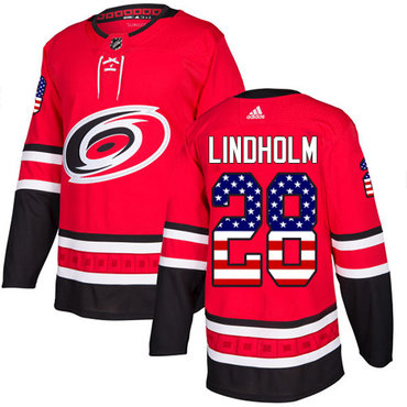 Personalized Youth Carolina Hurricanes #28 Elias Lindholm Red Home Authentic USA Flag Stitched NHL Jersey