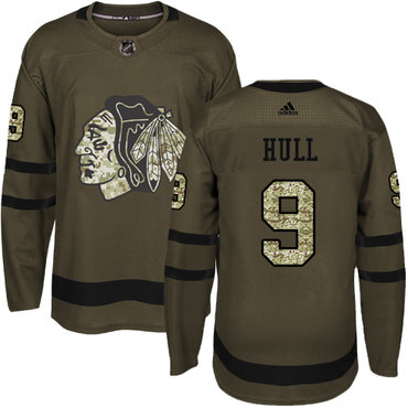 Personalized Youth Chicago Blackhawks #9 Bobby Hull Green Salute to Service Stitched NHL Jersey