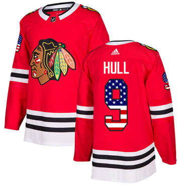 Personalized Youth Chicago Blackhawks #9 Bobby Hull Red Home Authentic USA Flag Stitched NHL Jersey