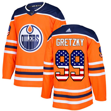 Personalized Youth Edmonton Oilers #99 Wayne Gretzky Orange Home Authentic USA Flag Stitched NHL Jersey