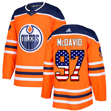 Personalized Youth Edmonton Oilers #97 Connor McDavid Orange Home Authentic USA Flag Stitched NHL Jersey