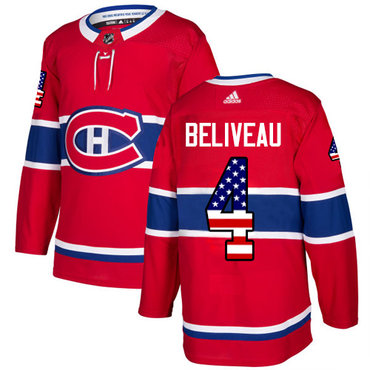 Personalized Youth Montreal Canadiens #4 Jean Beliveau Red Home Authentic USA Flag Stitched NHL Jersey