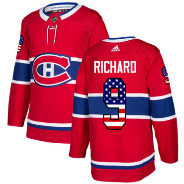 Personalized Youth Montreal Canadiens #9 Maurice Richard Red Home Authentic USA Flag Stitched NHL Jersey