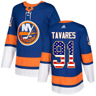 Personalized Youth New York Islanders #91 John Tavares Royal Blue Home Authentic USA Flag Stitched NHL Jersey