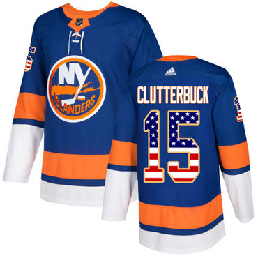 Personalized Youth New York Islanders #15 Cal Clutterbuck Royal Blue Home Authentic USA Flag Stitched NHL Jersey