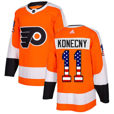 Personalized Youth Philadelphia Flyers #11 Travis Konecny Orange Home Authentic USA Flag Stitched NHL Jersey