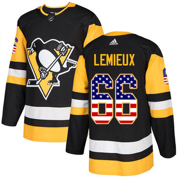 Personalized Youth Pittsburgh Penguins #66 Mario Lemieux Black Home Authentic USA Flag Stitched NHL Jersey