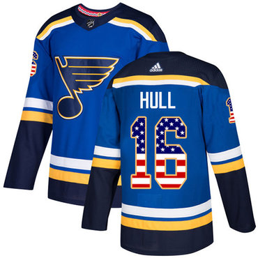 Personalized Youth St. Louis Blues #16 Brett Hull Blue Home Authentic USA Flag Stitched NHL Jersey