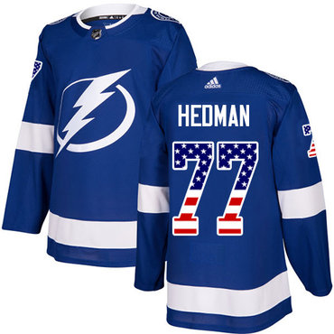 Personalized Youth Tampa Bay Lightning #77 Victor Hedman Blue Home Authentic USA Flag Stitched NHL Jersey