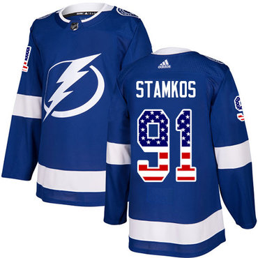 Personalized Youth Tampa Bay Lightning #91 Steven Stamkos Blue Home Authentic USA Flag Stitched NHL Jersey