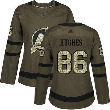 Personalized Women’s New Jersey Devils #86 Jack Hughes Green Salute to Service Stitched Hockey Jersey