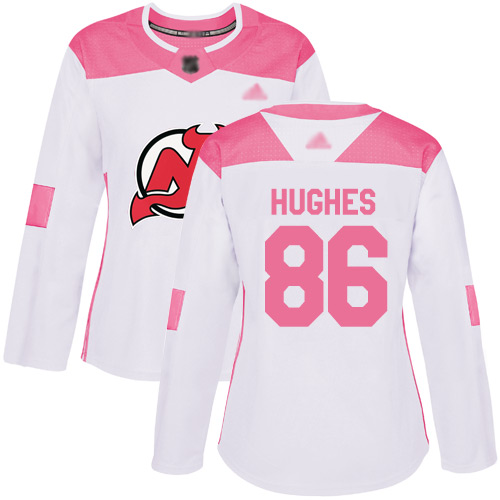 Personalized Women’s New Jersey Devils #86 Jack Hughes White Pink Authentic Fashion Stitched Hockey Jersey