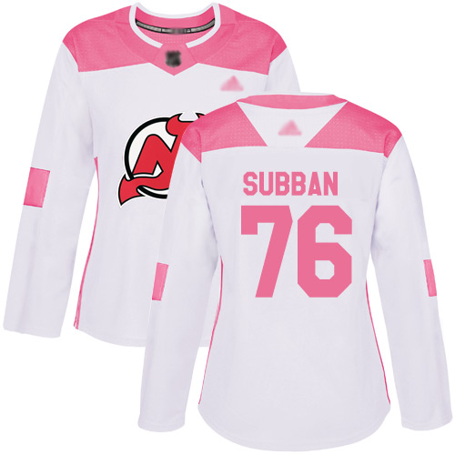 Personalized Women’s New Jersey Devils #76 P. K. Subban White Pink Authentic Fashion Stitched Hockey Jersey