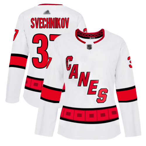 Personalized Women’s Carolina Hurricanes #37 Andrei Svechnikov White Road Authentic Stitched Hockey Jersey