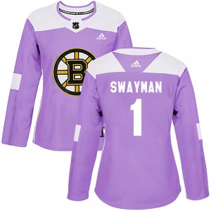 Personalized Women’s Boston Bruins #1 Jeremy Swayman Authentic Fights Cancer Practice Jersey – Purple