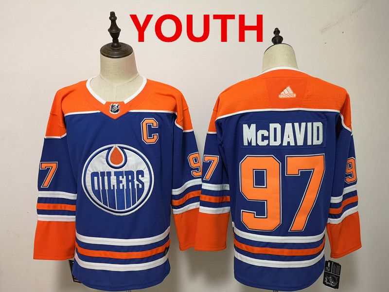 Personalized Youth Edmonton Oilers #97 Connor McDavid Royal Blue With Orange Home Hockey Stitched NHL Jersey