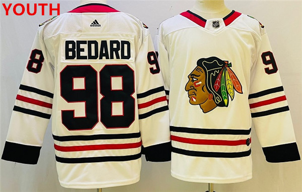 Personalized Youth Chicago Blackhawks #98 Connor Bedard White Black Stitched Jersey