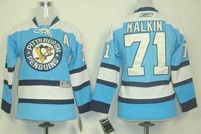 Personalized Youth Pittsburgh Penguins #71 Evgeni Malkin Light Blue Jersey