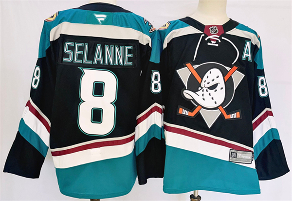 Personalized Men’s Anaheim Ducks #8 Teemu Selanne Black Teal 2024-25 Stitched Jersey