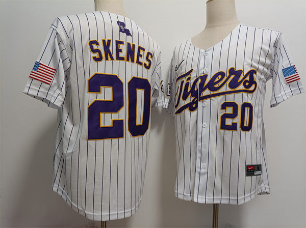 Personalized Mens LSU Tigers #20 Paul Skenes White Pinstripe 2023 College Baseball Jersey