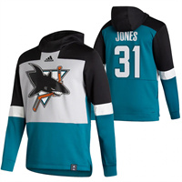 Personalized San Jose Sharks #31 Martin Jones Reverse Retro Pullover Hoodie Gray Teal