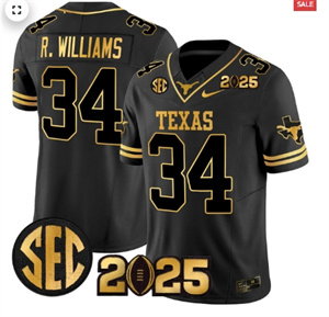 Personalized Men’s Texas Longhorns 2025 CFP Final Gold Patch Limited Jersey Black Gold Ricky Williams