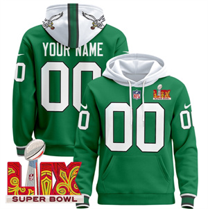 Personalized Custom Philadelphia Eagles Super Bowl LIX Patch Pullover Hoodie Kelly Green