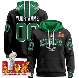 Personalized Custom Men’s Philadelphia Eagles Super Bowl LIX Patch Pullover Hoodie – All Stitched Black