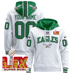 Personalized Custom Men’s Philadelphia Eagles Super Bowl LIX Patch Pullover Hoodie – All Stitched Kelly White