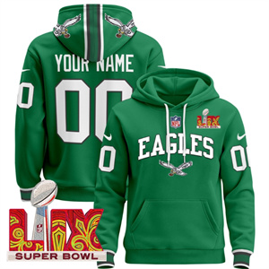 Personalized Custom Men’s Philadelphia Eagles Super Bowl LIX Patch Pullover Hoodie – All Stitched Kelly Green