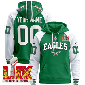 Personalized Custom Men’s Philadelphia Eagles Super Bowl LIX Patch Pullover Hoodie – All Stitched Kelly Alternate