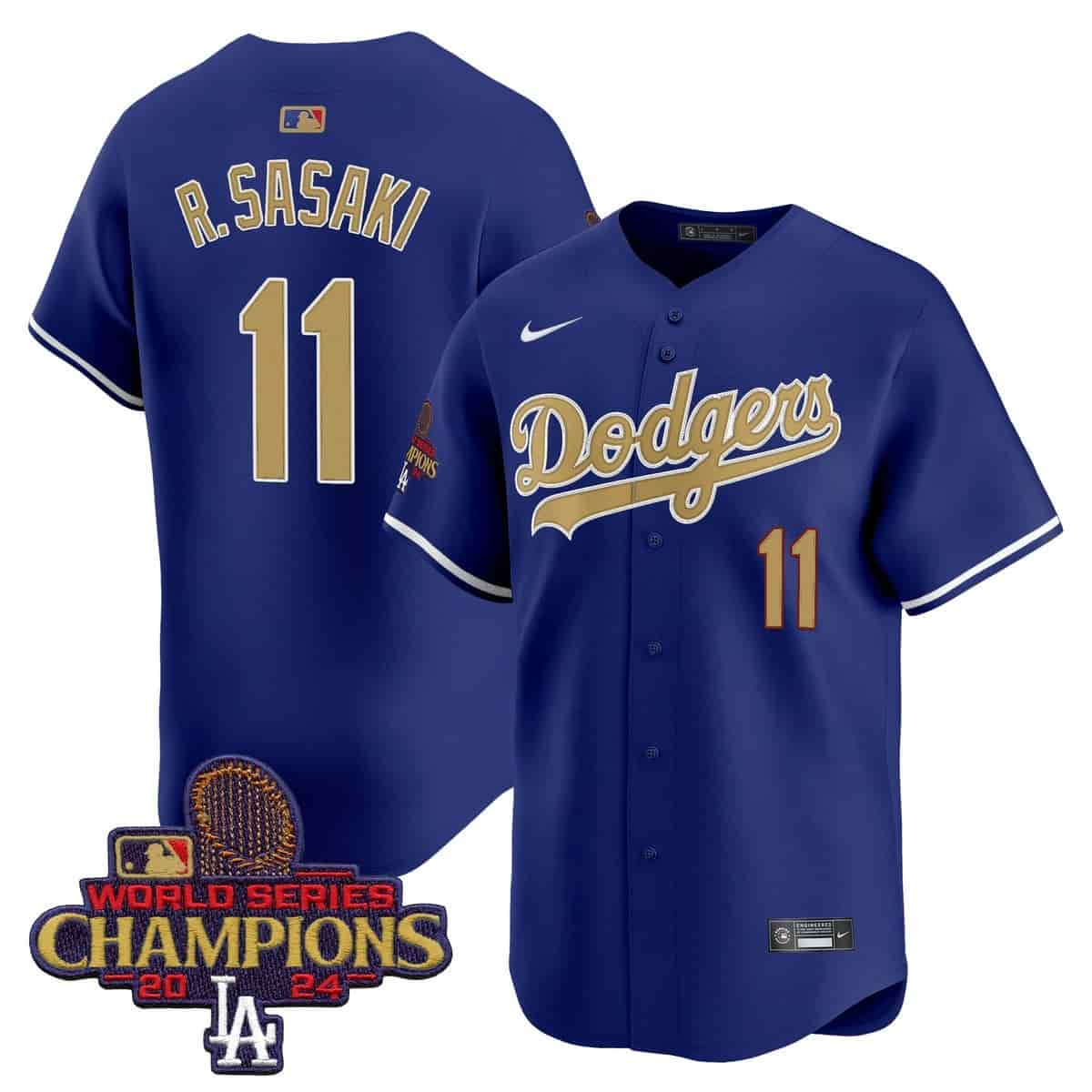 Personalized Men’s Dodgers 2025 Gold Premier Limited Jersey All Stitched Royal Roki Sasaki #11